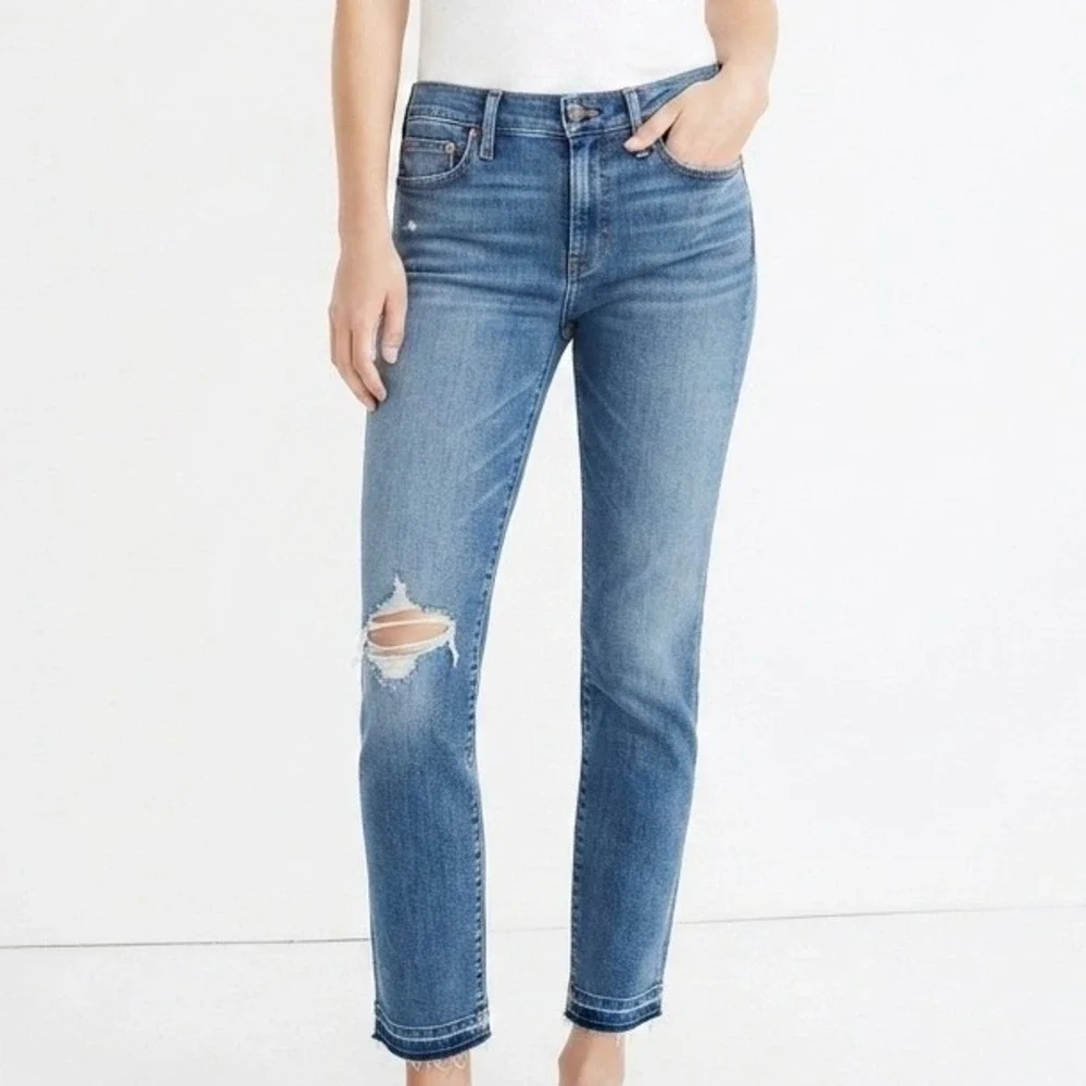 Madewell Alley Straight Jeans Womens 30 Blue Distressed Raw Hem Denim